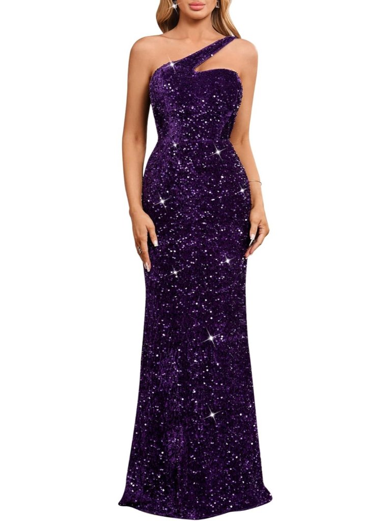 Women's Purple One Shoulder Sequin Gown Formal Cocktail Bodycon Maxi Dress
